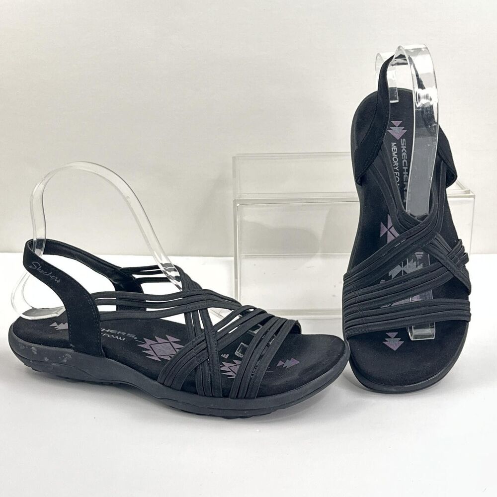 Skechers Reggae Slim Sunnyside Sandals Womens 8 Black Strappy Slingback Comfort